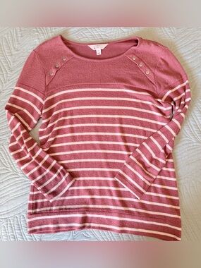 Coral Brushed Knit Lightweight Striped Button-Shoulder Sweater Size M